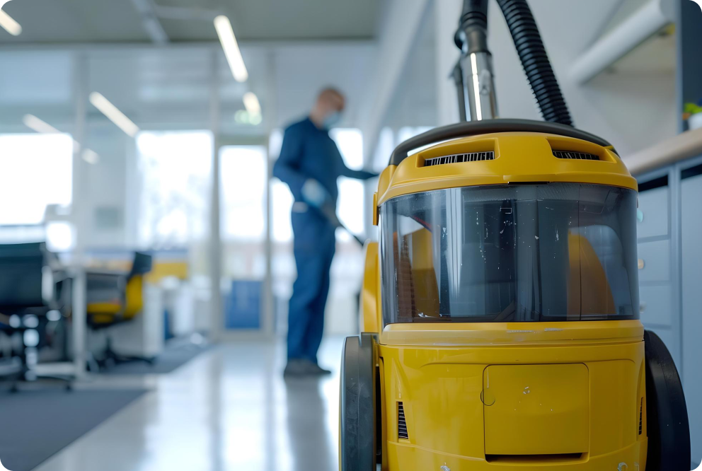 Ein Mitarbeiter reinigt den Boden in einer Industriehalle mit einer Reinigungsmaschine